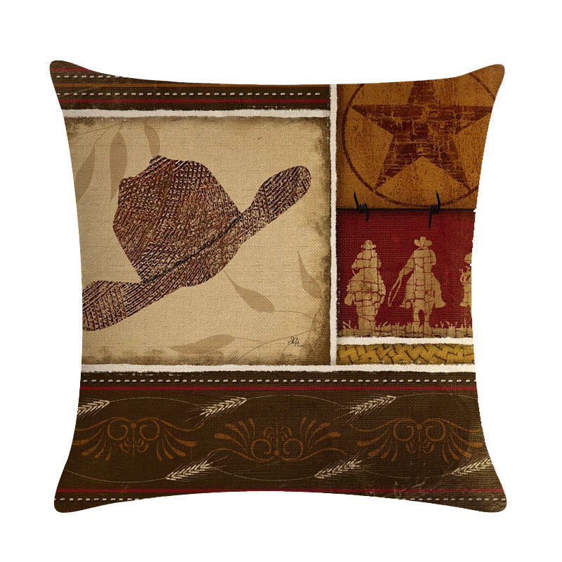 HKM-427219 Cowboy Themed Decorative Throw Pillow Cushion Covers - 45cm x 45cm, Printed Front, Plain Cotton Linen Back