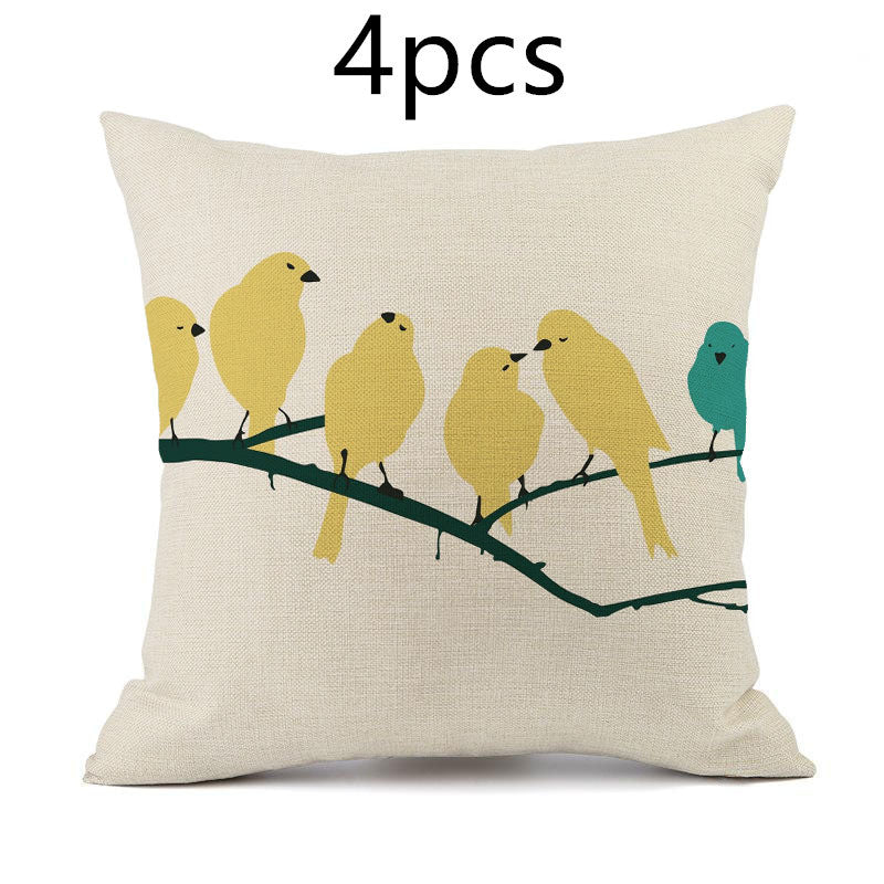 HKM-427475 Nordic-Inspired Striped Pillowcase with Floral and Bird Design - Cotton and Linen, 45x45 cm