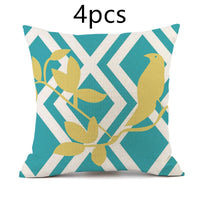 HKM-427475 Nordic-Inspired Striped Pillowcase with Floral and Bird Design - Cotton and Linen, 45x45 cm