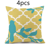 HKM-427475 Nordic-Inspired Striped Pillowcase with Floral and Bird Design - Cotton and Linen, 45x45 cm