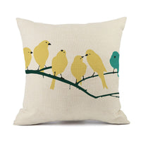 HKM-427475 Nordic-Inspired Striped Pillowcase with Floral and Bird Design - Cotton and Linen, 45x45 cm