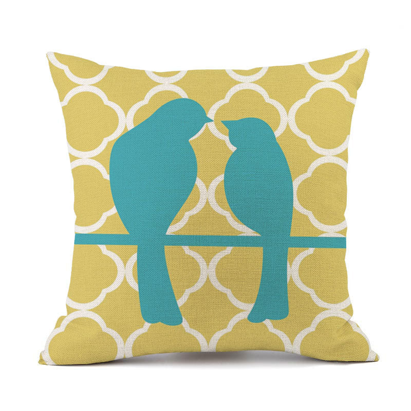 HKM-427475 Nordic-Inspired Striped Pillowcase with Floral and Bird Design - Cotton and Linen, 45x45 cm