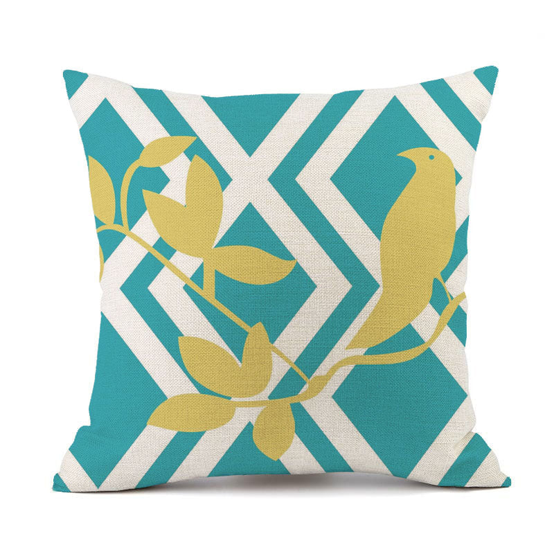 HKM-427475 Nordic-Inspired Striped Pillowcase with Floral and Bird Design - Cotton and Linen, 45x45 cm