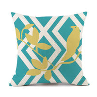 HKM-427475 Nordic-Inspired Striped Pillowcase with Floral and Bird Design - Cotton and Linen, 45x45 cm