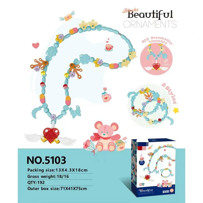 KTX-427923 DIY Building Block Jewelry Set - Creative Assembled Bricks for Girls, Decorative Dessert Flowers and Hair Bands