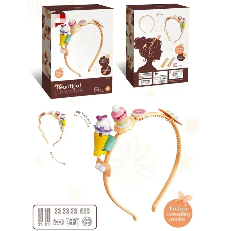 KTX-427923 DIY Building Block Jewelry Set - Creative Assembled Bricks for Girls, Decorative Dessert Flowers and Hair Bands