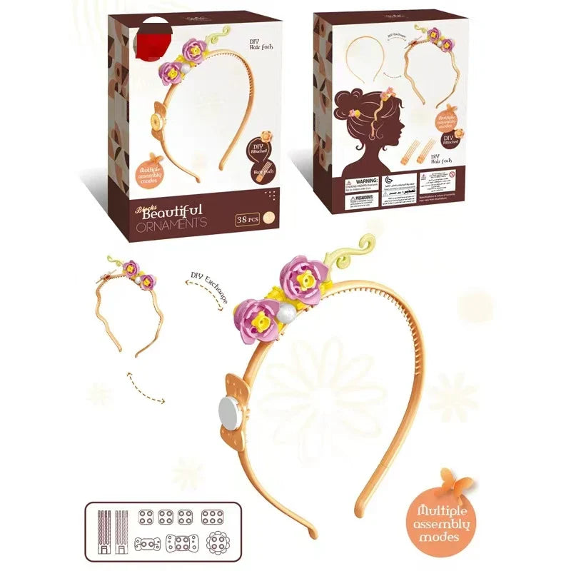 KTX-427923 DIY Building Block Jewelry Set - Creative Assembled Bricks for Girls, Decorative Dessert Flowers and Hair Bands