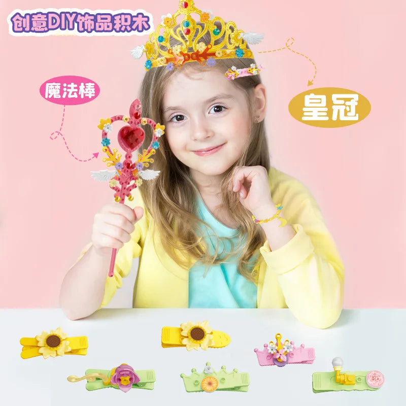 KTX-427923 DIY Building Block Jewelry Set - Creative Assembled Bricks for Girls, Decorative Dessert Flowers and Hair Bands