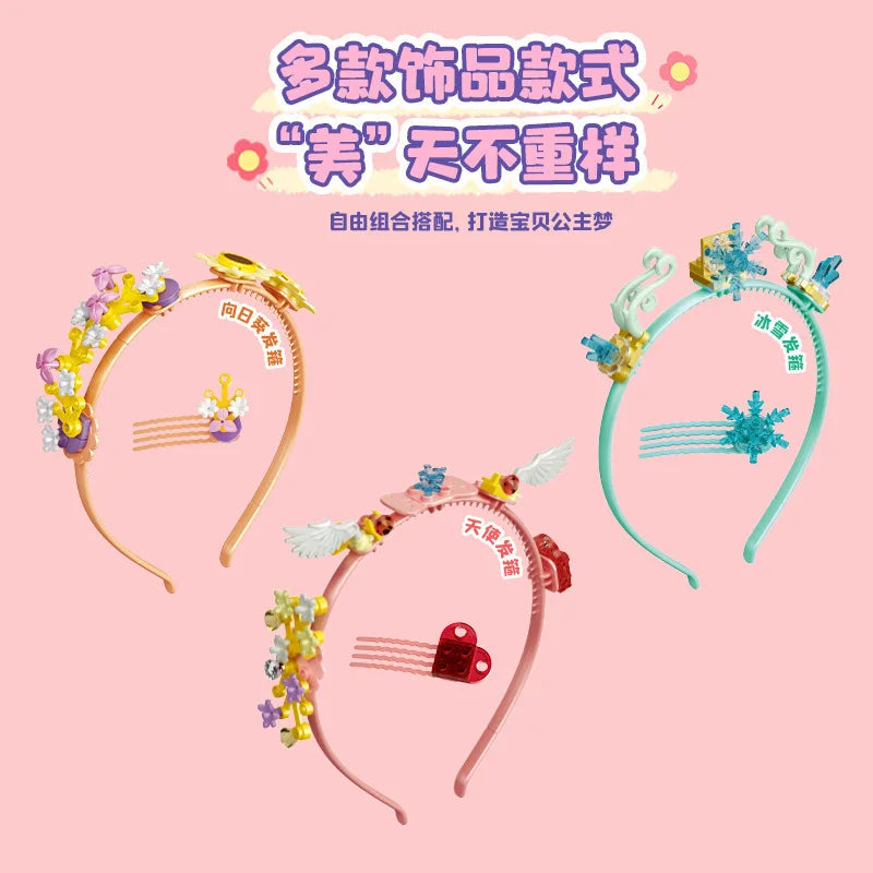 KTX-427923 DIY Building Block Jewelry Set - Creative Assembled Bricks for Girls, Decorative Dessert Flowers and Hair Bands
