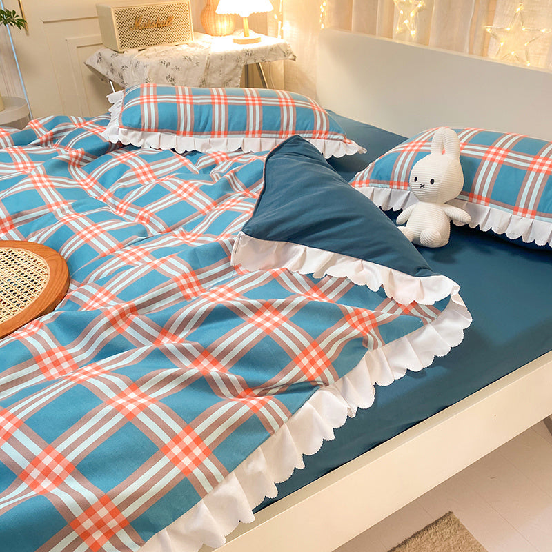 HKM-427923 Rainbow Stripes Lace 4-Piece Duvet Cover Set with Bed Sheet and Skirt