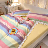 HKM-427923 Rainbow Stripes Lace 4-Piece Duvet Cover Set with Bed Sheet and Skirt