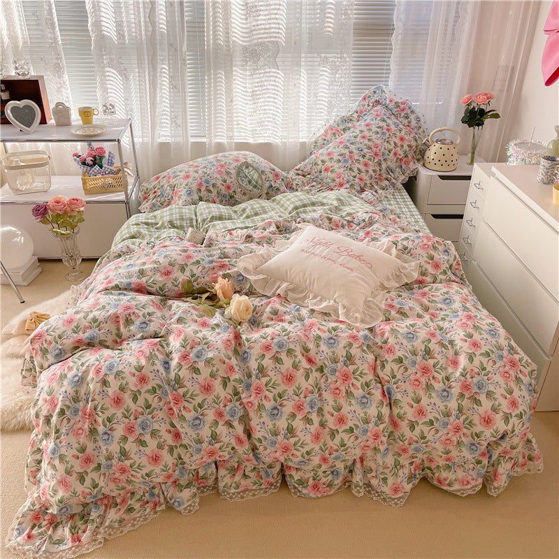 HKM-429075 Floral Cotton Lace Three-Piece Bed Sheet Set for 1.2m to 1.8m Beds
