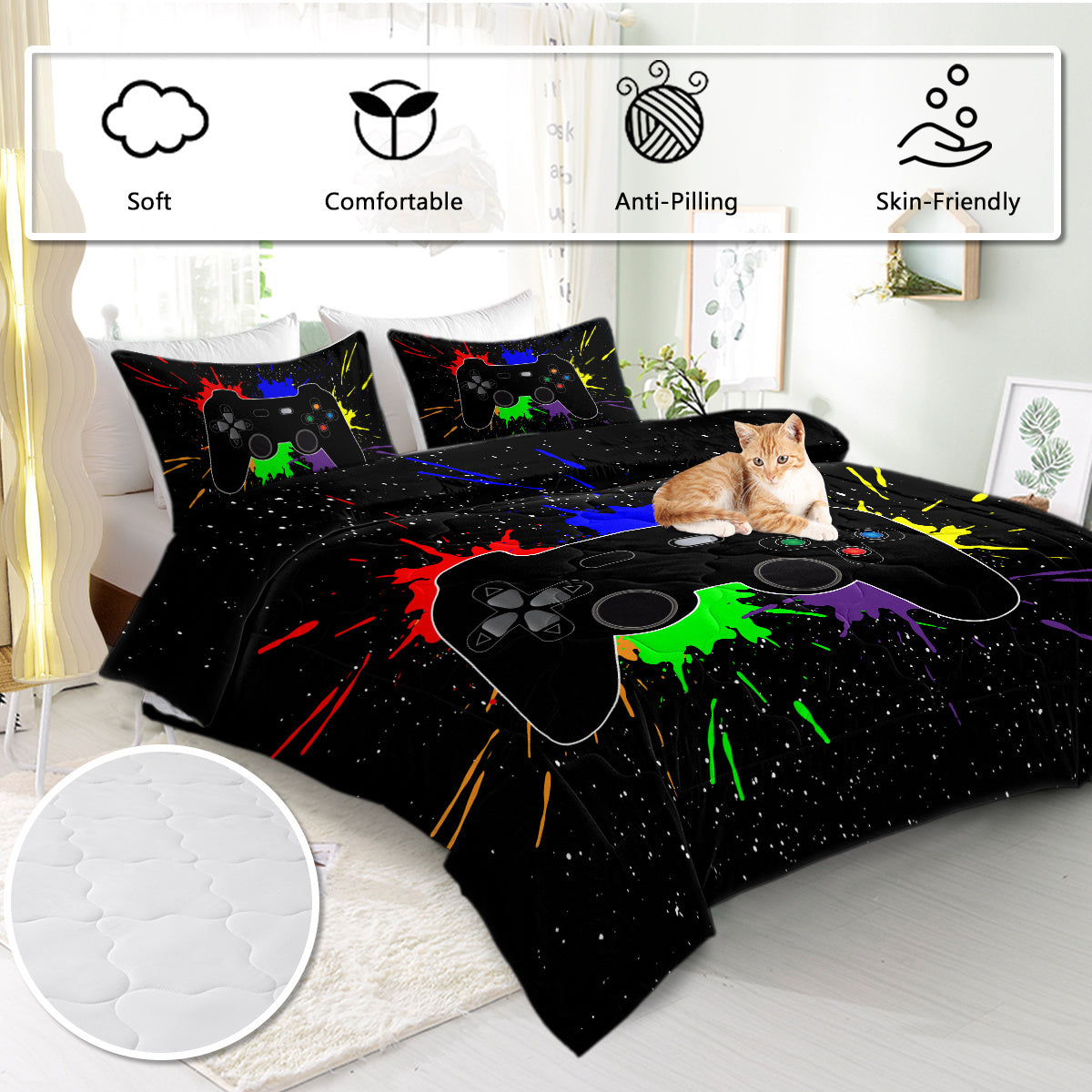 HKM-429395 Black Gaming Comforter Set with Controller Design - Includes Comforter and Pillow Shams in Multiple Sizes