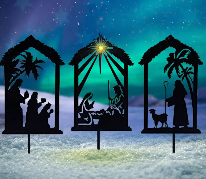 HKM-429523 Christmas Shadow Pile Outdoor Metal Silhouette Decor Set – 3 Pieces, Iron, 30x17CM