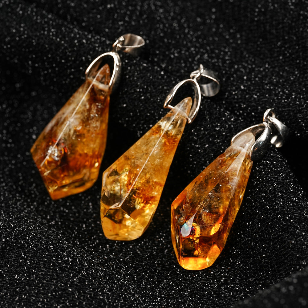 HKM-431059 Natural Citrine Cluster Pendant Necklace with Leather Rope - Irregular Raw Stone Design
