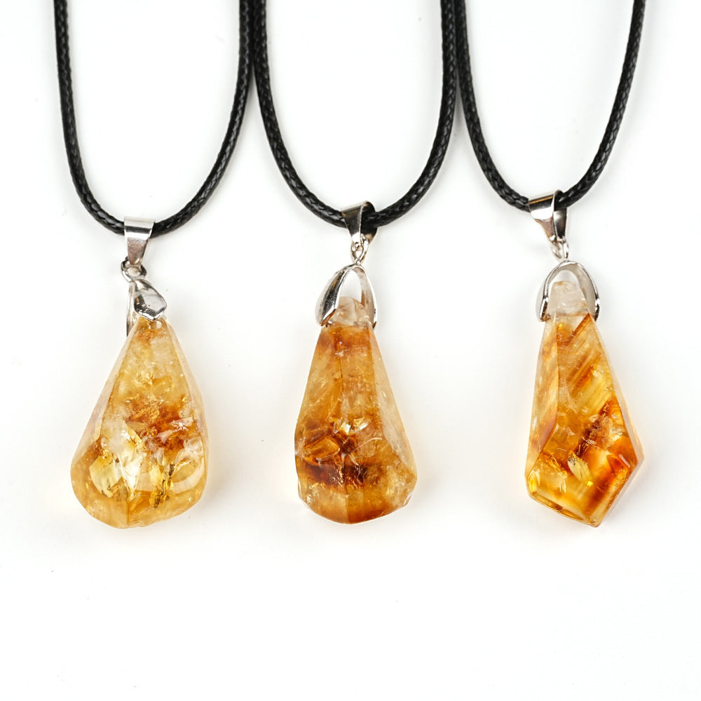 HKM-431059 Natural Citrine Cluster Pendant Necklace with Leather Rope - Irregular Raw Stone Design