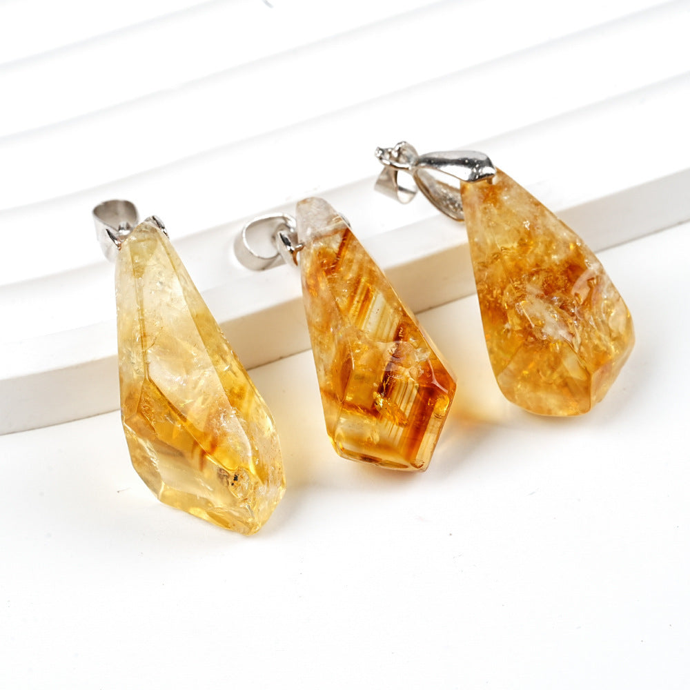 HKM-431059 Natural Citrine Cluster Pendant Necklace with Leather Rope - Irregular Raw Stone Design