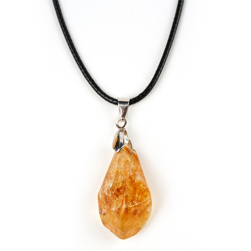 HKM-431059 Natural Citrine Cluster Pendant Necklace with Leather Rope - Irregular Raw Stone Design