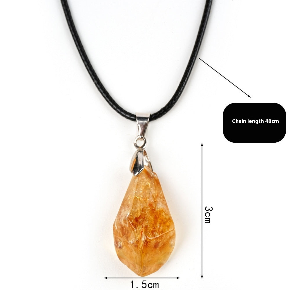 HKM-431059 Natural Citrine Cluster Pendant Necklace with Leather Rope - Irregular Raw Stone Design
