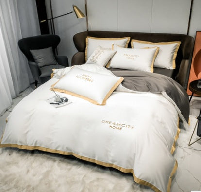 HKM-431699 Cotton Four-Piece Solid Color Wide Brim Embroidered Bedding Set for Weddings