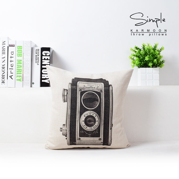 HKM-431763 Vintage Camera Bicycle Design Cotton and Hemp Cushion Pillow - 43cm x 43cm with Invisible Zipper