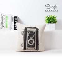 HKM-431763 Vintage Camera Bicycle Design Cotton and Hemp Cushion Pillow - 43cm x 43cm with Invisible Zipper