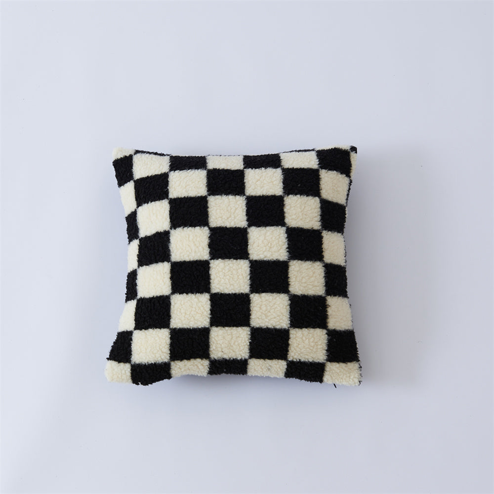 HKM-431827 Black and White Checkerboard Pillowcase in Soft Imitation Lamb Wool, Available in Multiple Sizes
