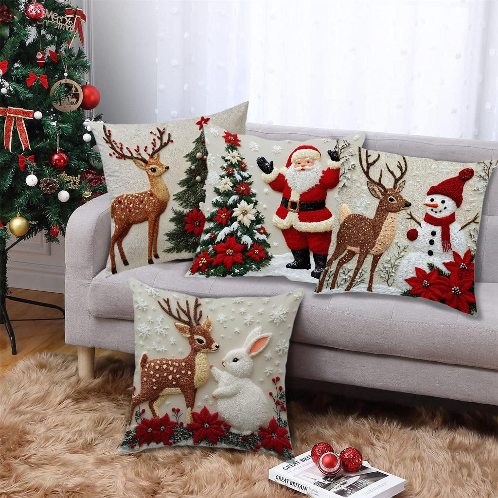 HKM-432659 Christmas Festival Elk and Rabbit Linen Pillow Cover - Modern 45x45 Atmosphere Decoration