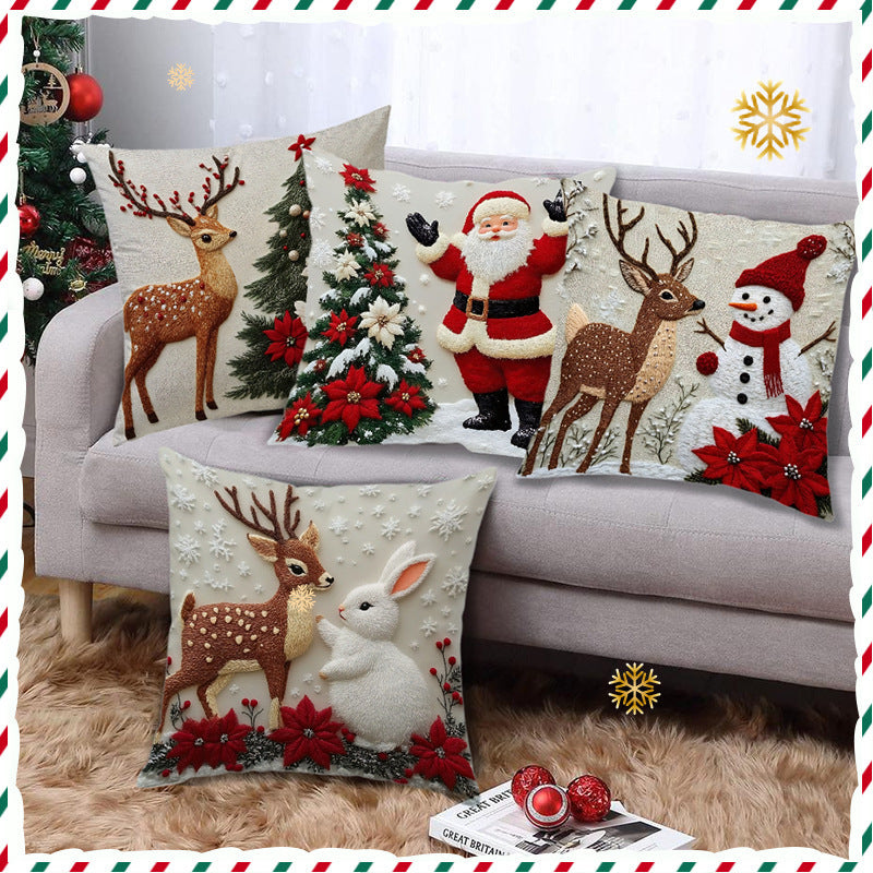 HKM-432659 Christmas Festival Elk and Rabbit Linen Pillow Cover - Modern 45x45 Atmosphere Decoration