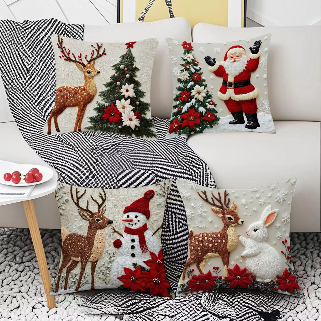 HKM-432659 Christmas Festival Elk and Rabbit Linen Pillow Cover - Modern 45x45 Atmosphere Decoration