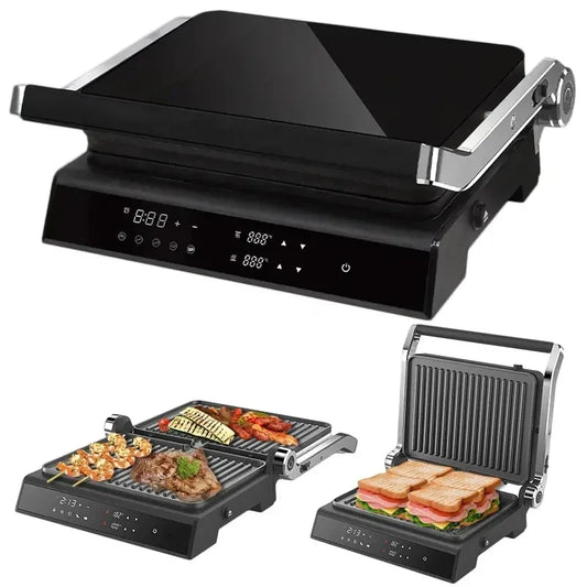 KTX-433043 Digital Glass Surface Smokeless Indoor Panini Grill - 180 Degrees Opening Contact Toaster