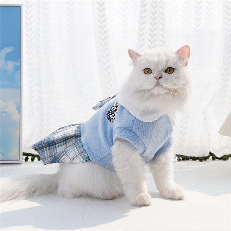 HKM-433171 Plaid Dog Dress for Small Dogs and Cats in Pink, Blue, and Green - Fashionable College Style with Skirt for Spring and Autumn