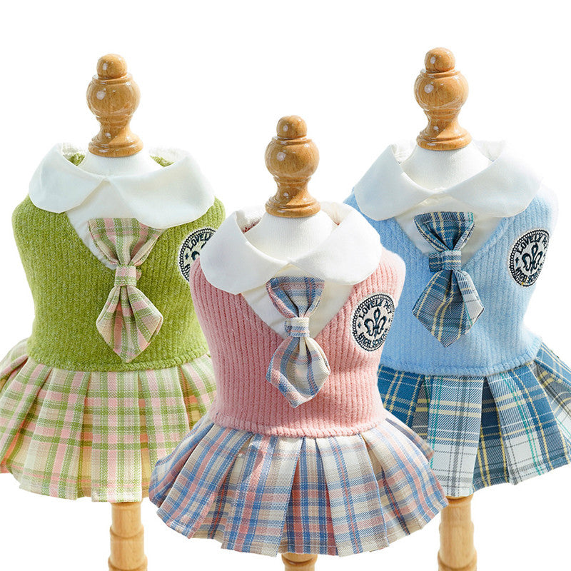 HKM-433171 Plaid Dog Dress for Small Dogs and Cats in Pink, Blue, and Green - Fashionable College Style with Skirt for Spring and Autumn