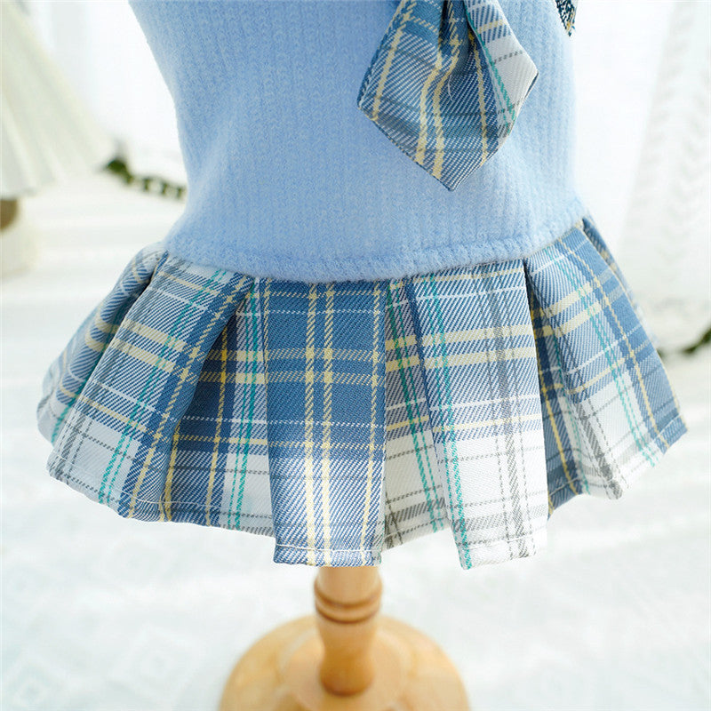 HKM-433171 Plaid Dog Dress for Small Dogs and Cats in Pink, Blue, and Green - Fashionable College Style with Skirt for Spring and Autumn