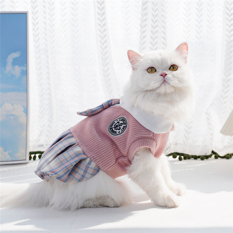 HKM-433171 Plaid Dog Dress for Small Dogs and Cats in Pink, Blue, and Green - Fashionable College Style with Skirt for Spring and Autumn