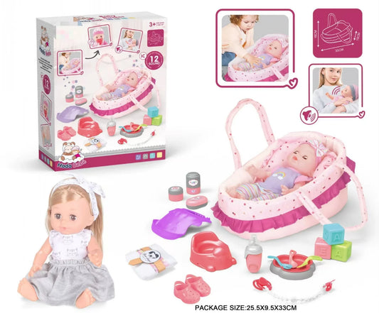 HKM-433363 14 Inch Vinyl Doll Nursing Hand Basket Set with Sounds and Accessories for Kids