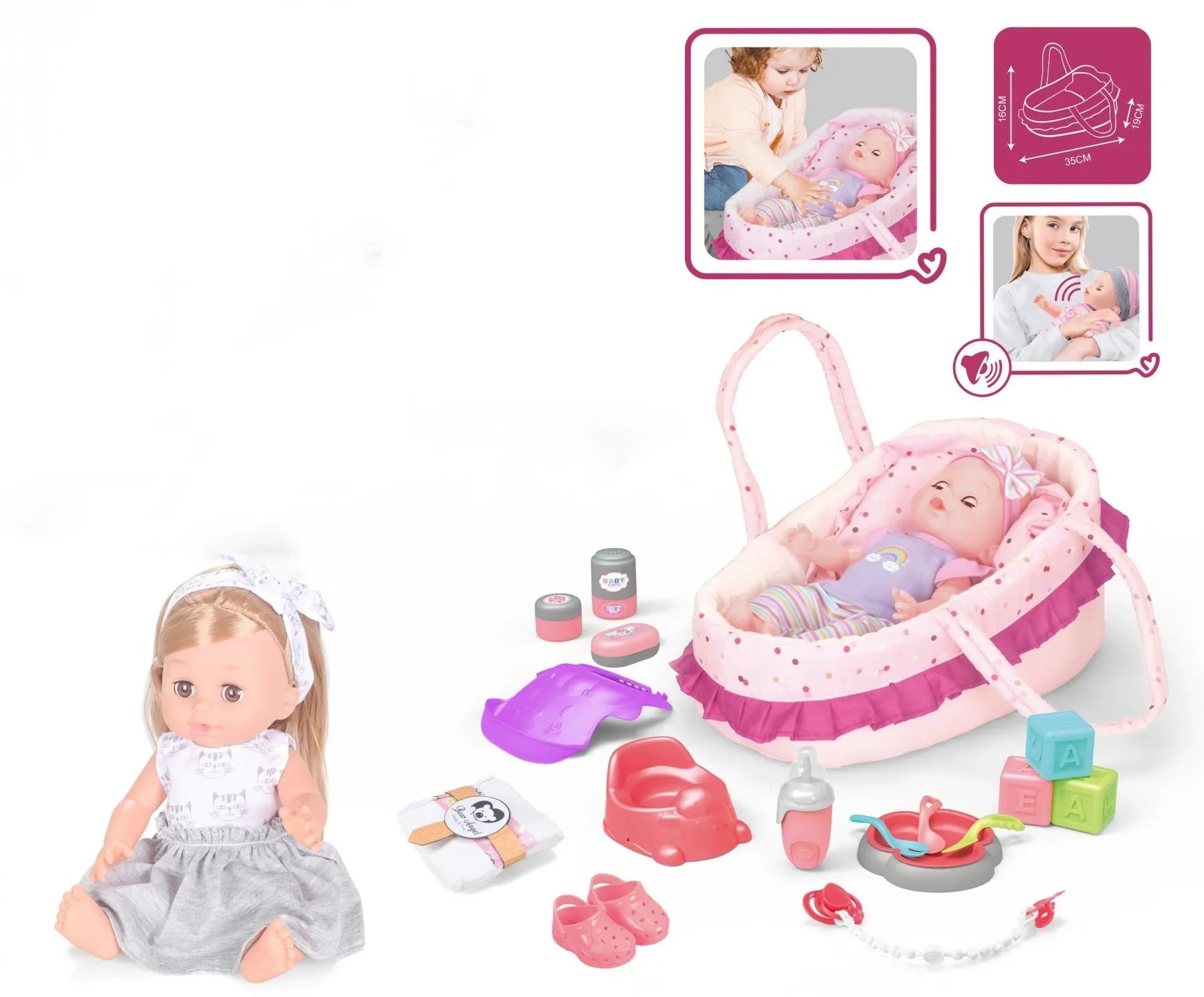 HKM-433363 14 Inch Vinyl Doll Nursing Hand Basket Set with Sounds and Accessories for Kids