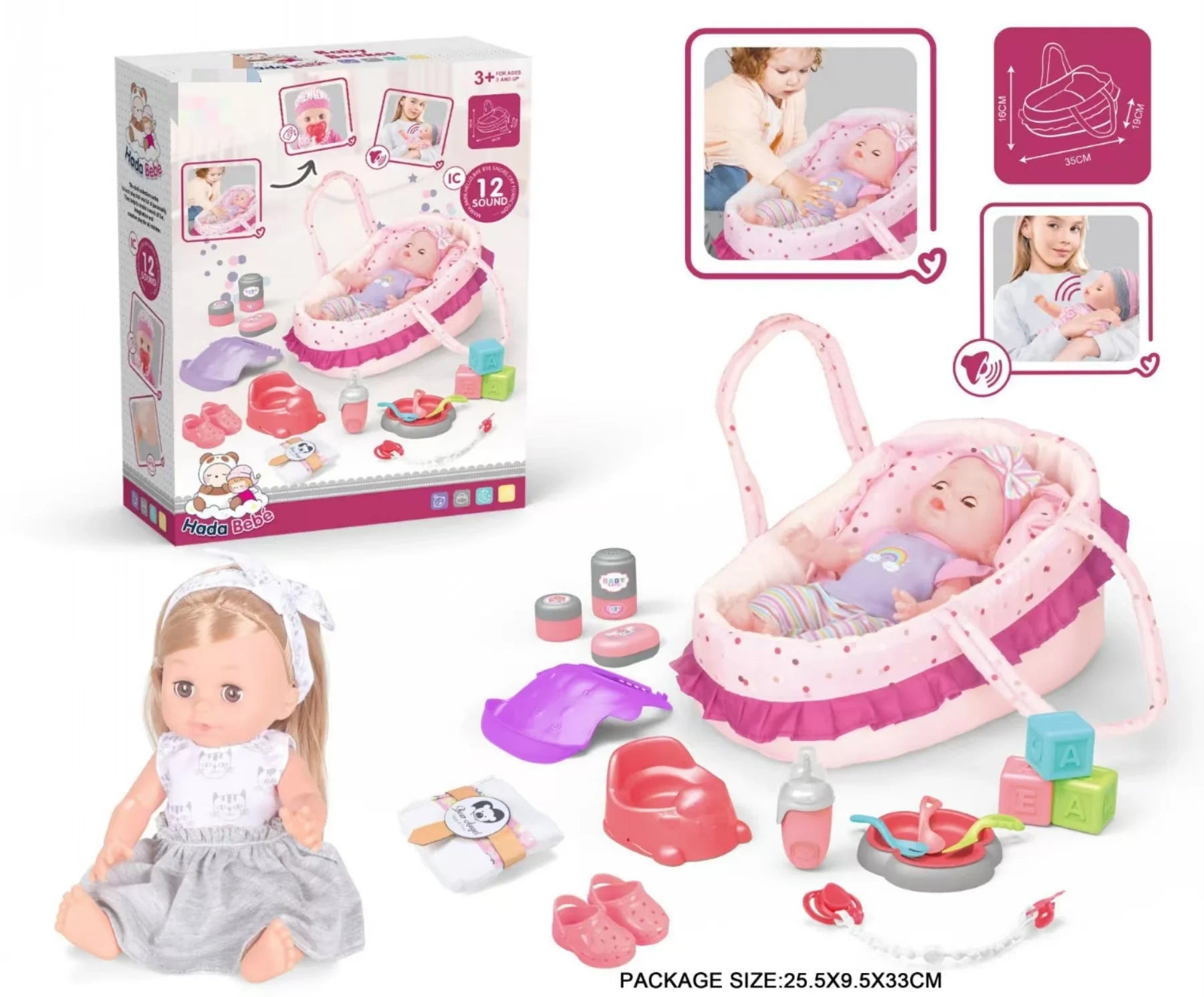 HKM-433363 14 Inch Vinyl Doll Nursing Hand Basket Set with Sounds and Accessories for Kids