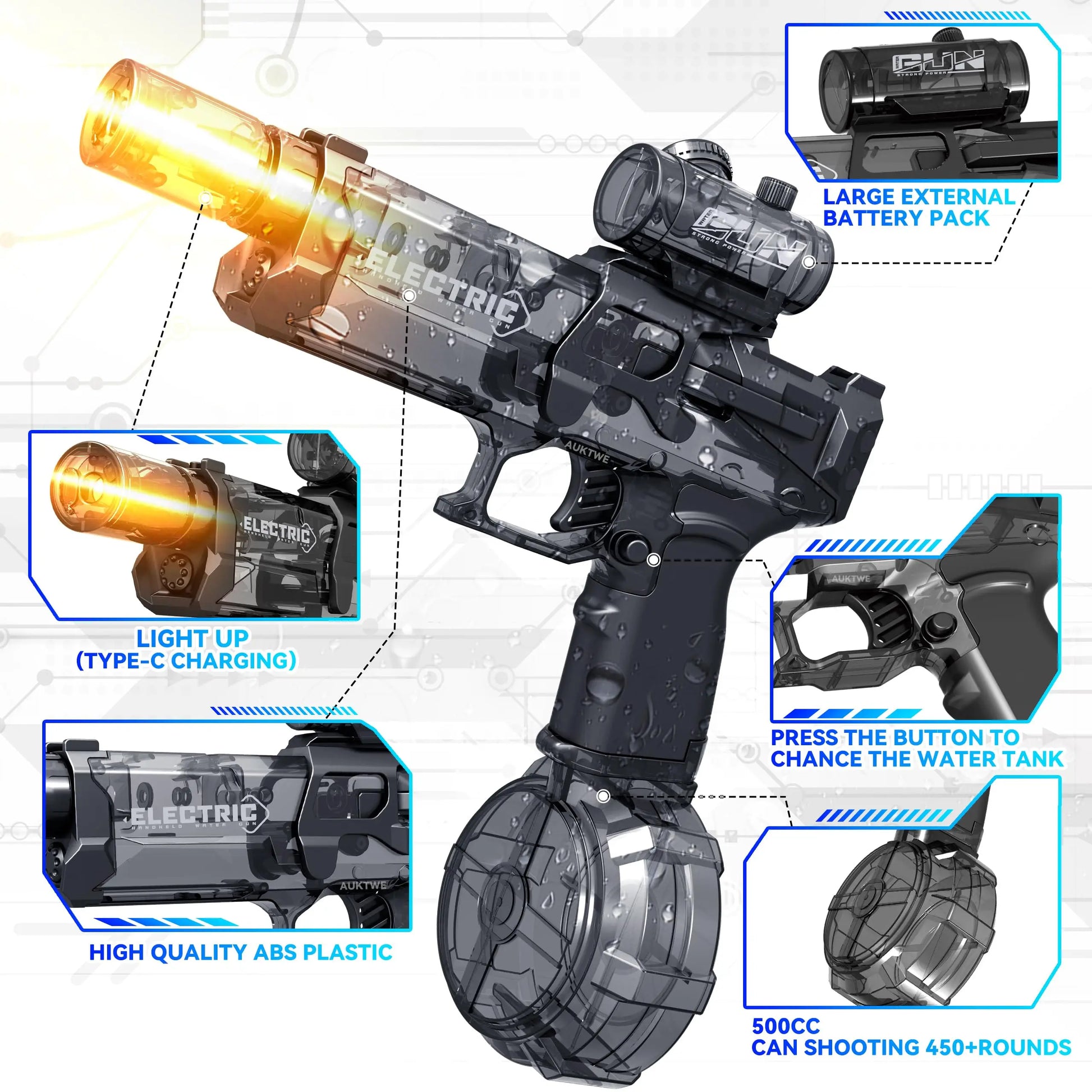HKM-433491 Electric Water Blaster with Light-Up Feature for Outdoor Fun - High Capacity Water Gun for Ages 5 and Up
