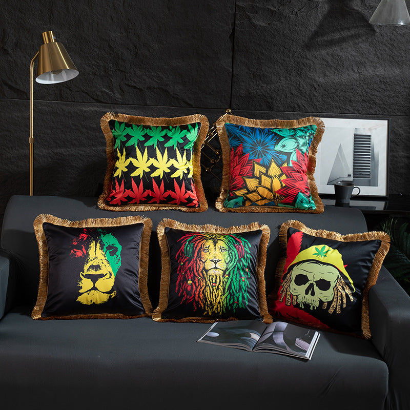 HKM-433491 Leopard and Floral Abstract Pattern Artificial Silk Pillowcase with Tassel Detail, 45x45cm