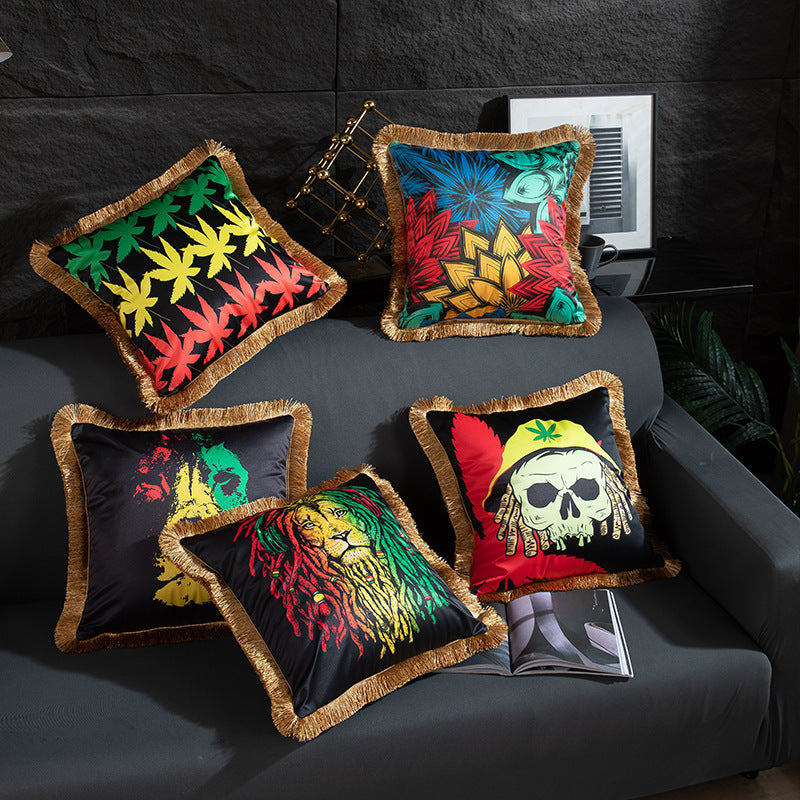 HKM-433491 Leopard and Floral Abstract Pattern Artificial Silk Pillowcase with Tassel Detail, 45x45cm