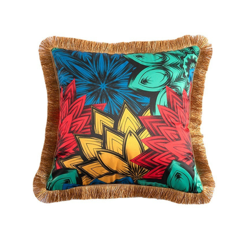 HKM-433491 Leopard and Floral Abstract Pattern Artificial Silk Pillowcase with Tassel Detail, 45x45cm