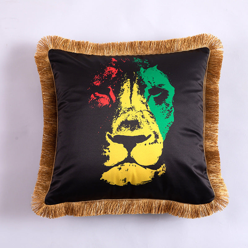 HKM-433491 Leopard and Floral Abstract Pattern Artificial Silk Pillowcase with Tassel Detail, 45x45cm
