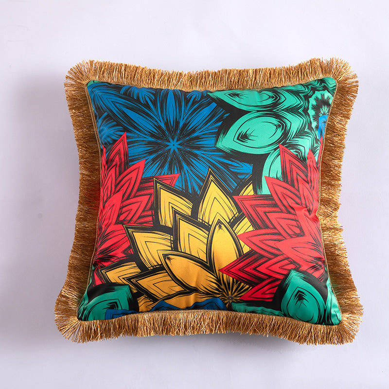 HKM-433491 Leopard and Floral Abstract Pattern Artificial Silk Pillowcase with Tassel Detail, 45x45cm