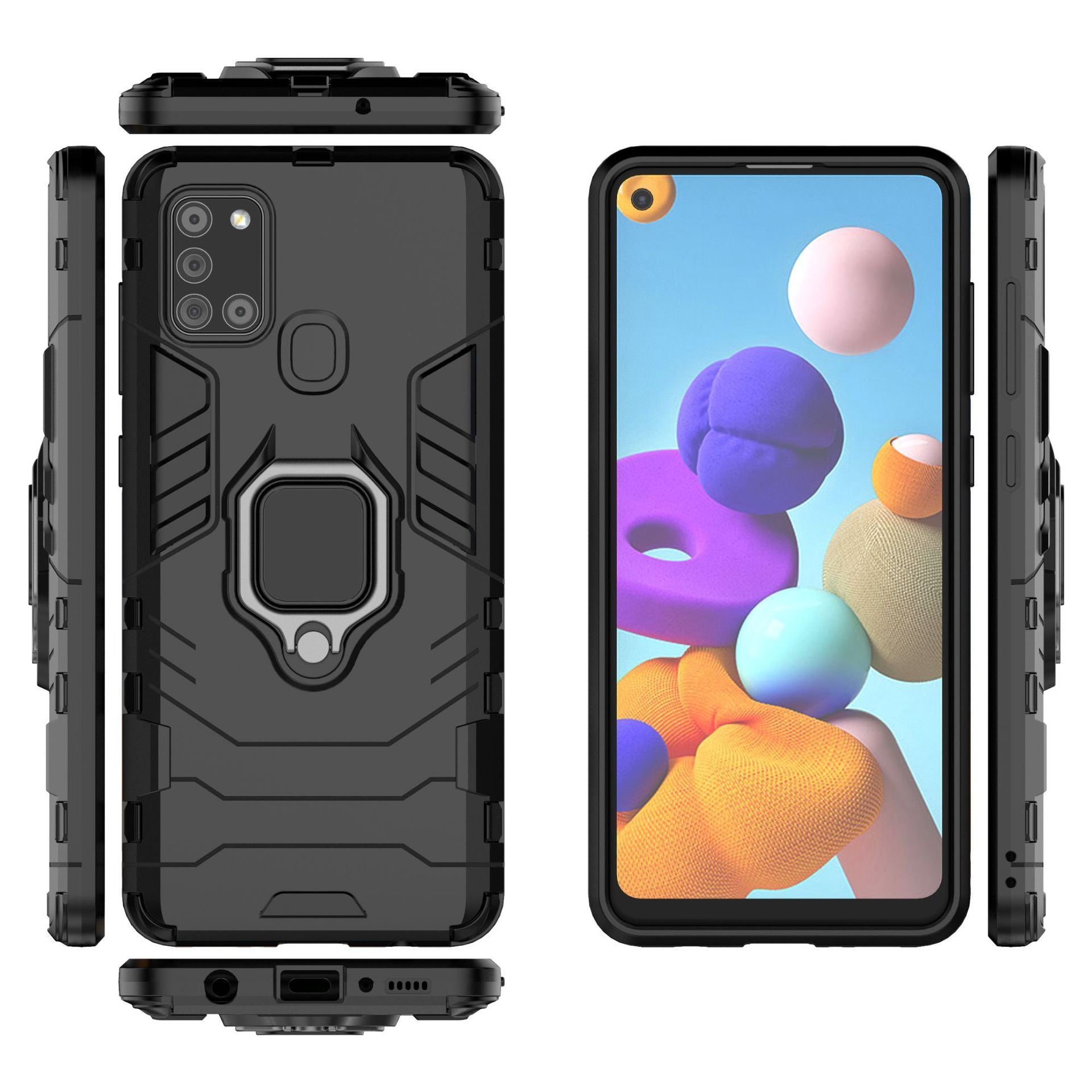 HKM-433939 Samsung A21S Compatible Steel Ring Bracket Phone Case in Pure Black, Blue-Black, and Wine Red