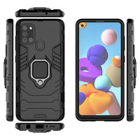 HKM-433939 Samsung A21S Compatible Steel Ring Bracket Phone Case in Pure Black, Blue-Black, and Wine Red