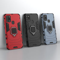 HKM-433939 Samsung A21S Compatible Steel Ring Bracket Phone Case in Pure Black, Blue-Black, and Wine Red