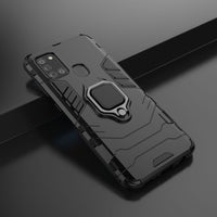 HKM-433939 Samsung A21S Compatible Steel Ring Bracket Phone Case in Pure Black, Blue-Black, and Wine Red
