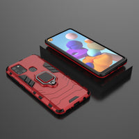 HKM-433939 Samsung A21S Compatible Steel Ring Bracket Phone Case in Pure Black, Blue-Black, and Wine Red