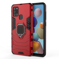 HKM-433939 Samsung A21S Compatible Steel Ring Bracket Phone Case in Pure Black, Blue-Black, and Wine Red